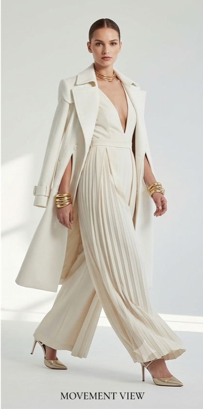 Women's Ivory Plunging V-Neck Pleated Wide-Leg Jumpsuit