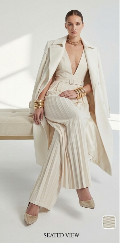 Women's Ivory Plunging V-Neck Pleated Wide-Leg Jumpsuit